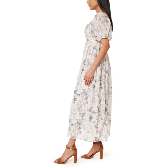 Women's Chiffon Maxi Dress Floral Pleated Bodice Puff Sleeve for Elegant Events - Picture 3 of 3